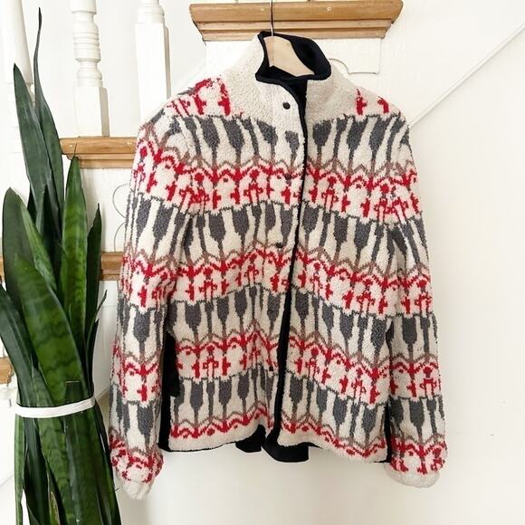 Anthropologie Sleeping On Snow White Red Gray Intarsia Poly-Wool Blend Jacket - Picture 2 of 8